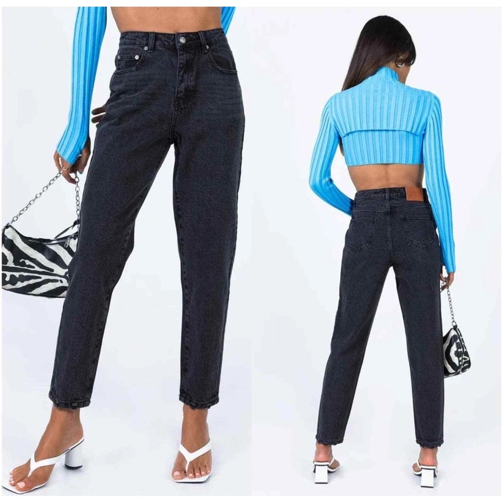 Princess Polly Denim Zaiden Black Wash Mom Jeans High Rise Distressed Hem Size 8